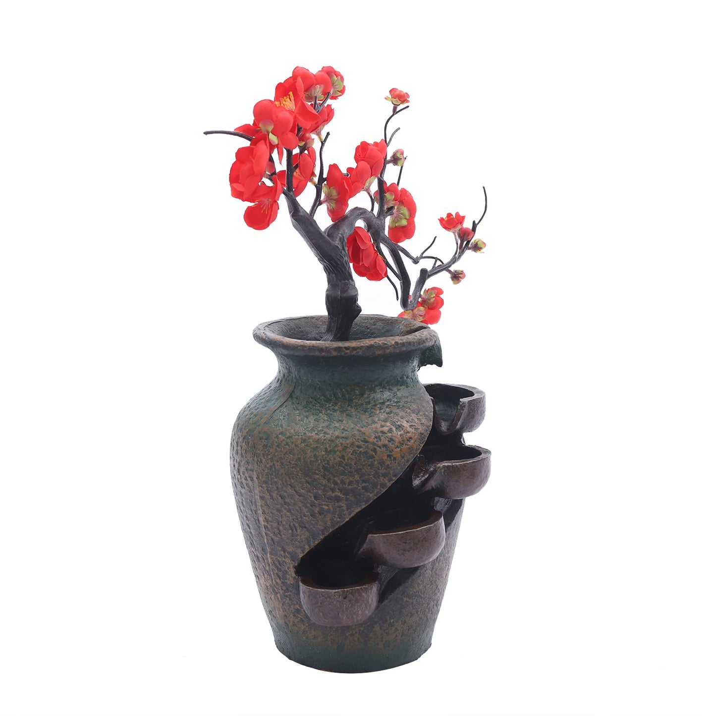 110V Flower Vase Waterfall Fountain Tabletop Indoor Feng Shui Water Fountain Home Room Decoration Exquisite Workmanship Resin
