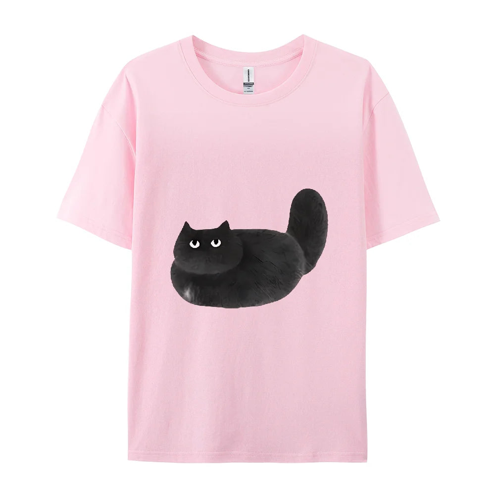 Womens Casual Black Cat Cartoon Print Short Sleeve TShirt Durable Machine Washable