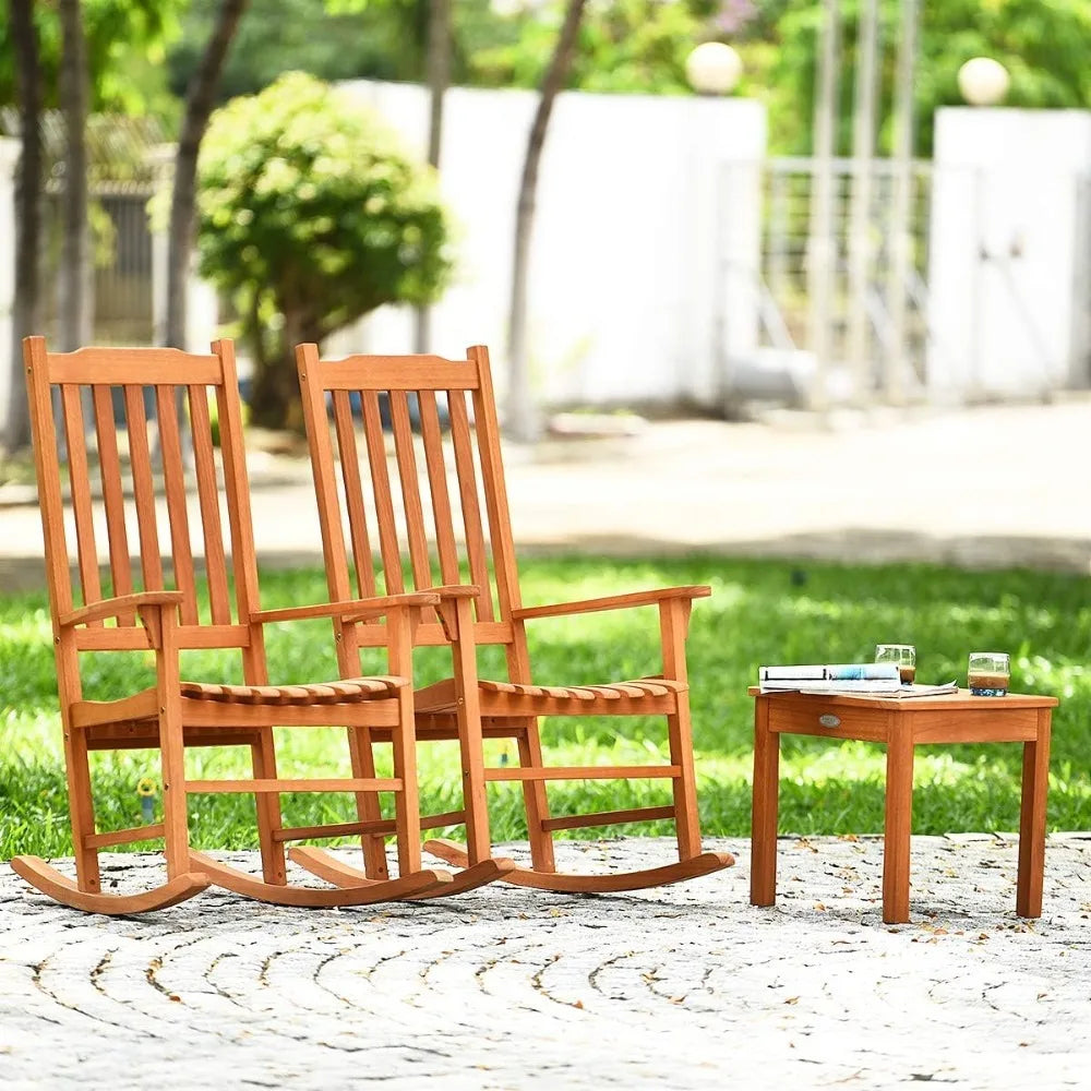 3 Piece Patio Rocking Chair Set Eucalyptus Wood With 2 Rockers Coffee Table