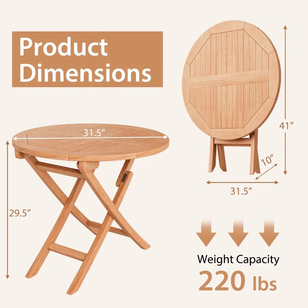 Teak Wood Outdoor Bistro Dining Set Three Piece With Folding Chairs And Table