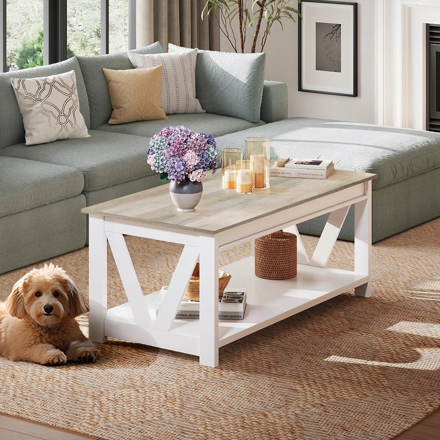 Galaxhero Farmhouse Coffee Table Storage Shelf V Shaped