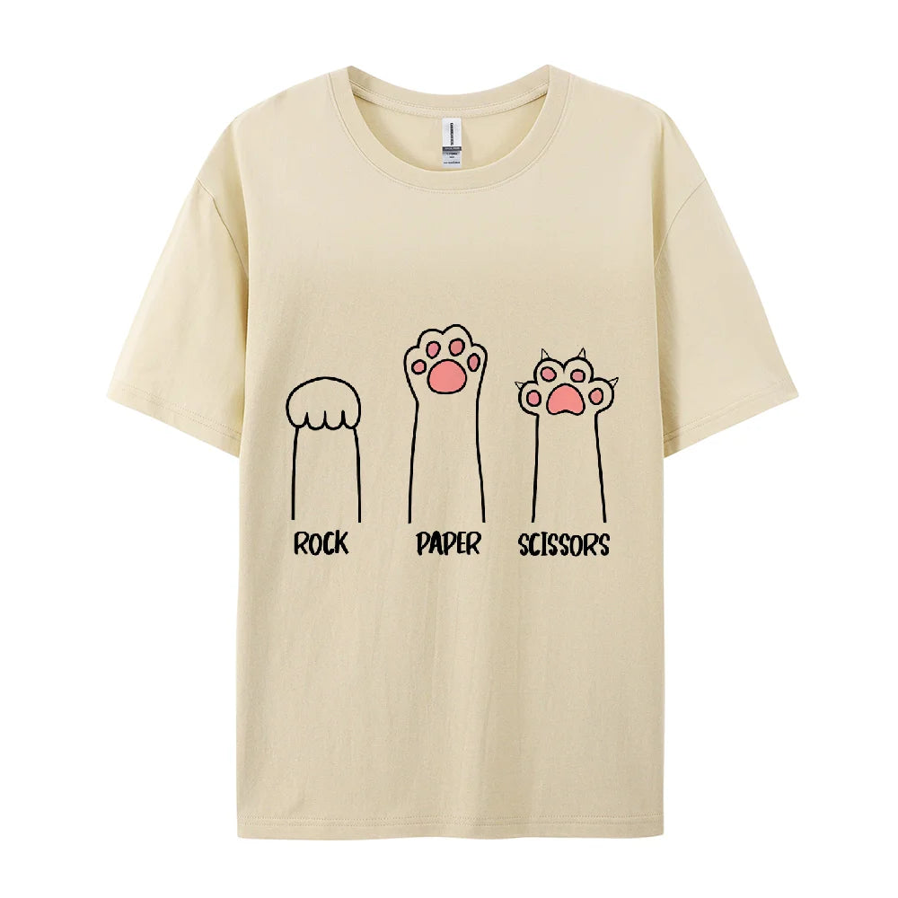 Rock Paper Scissors Cat Print T Shirt Women Oversize Cotton Summer Crewneck