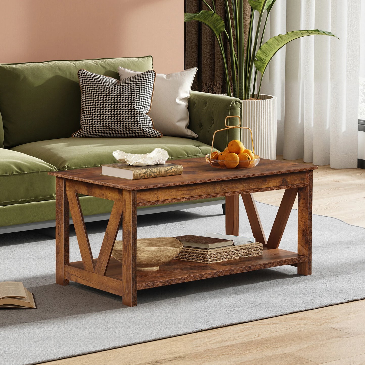 Galaxhero Farmhouse Coffee Table Storage Shelf V Shaped