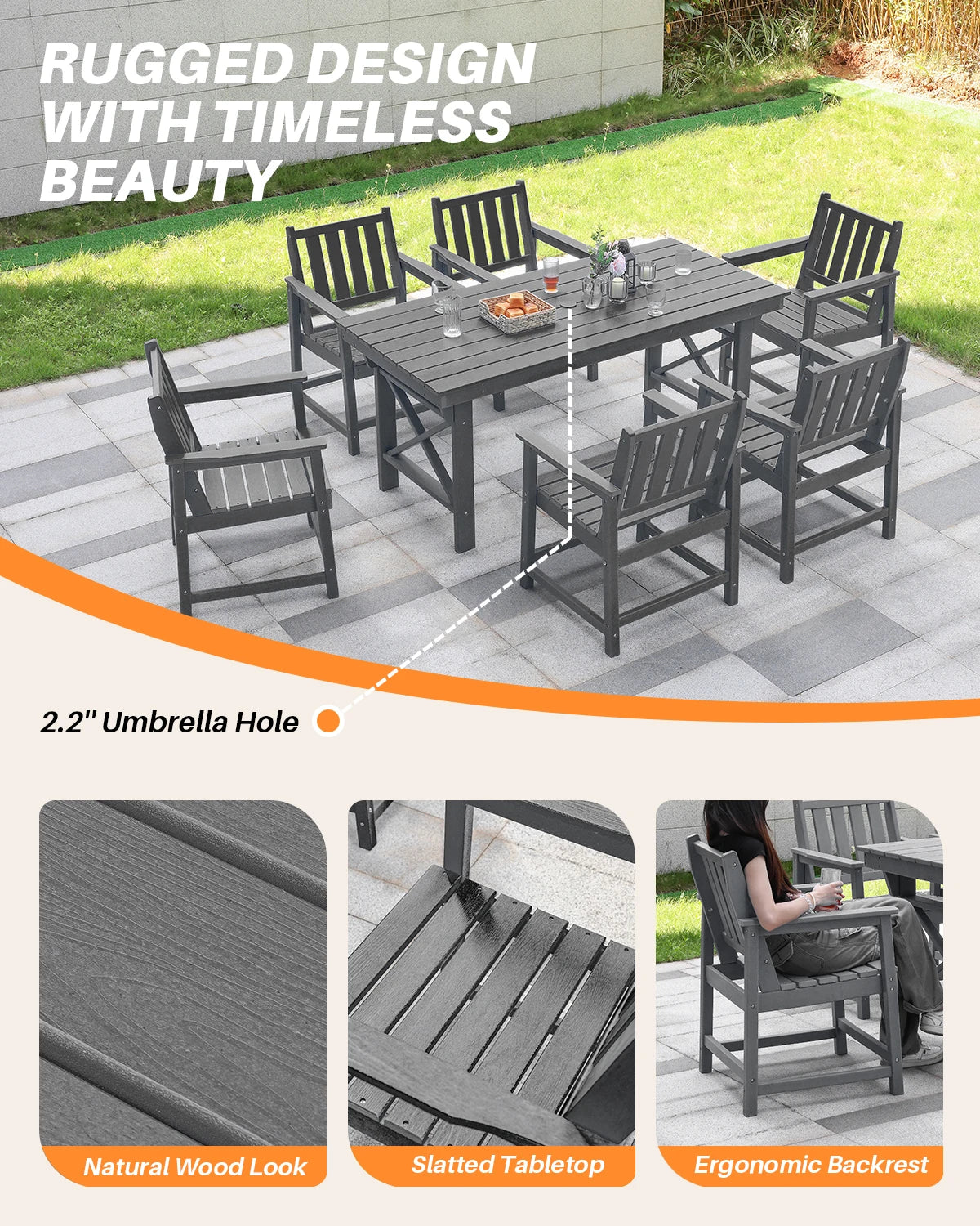 SeeHill Smoke Gray HDPE Dining Set 4 Person Table And Chairs With Umbrella Hole