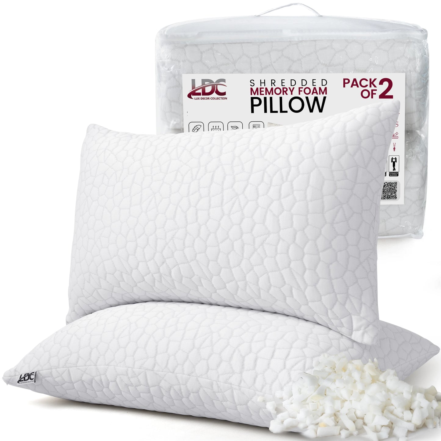 Lux Decor 2 Pack Shredded Memory Foam Pillows With Washable Cover Adjustable Loft