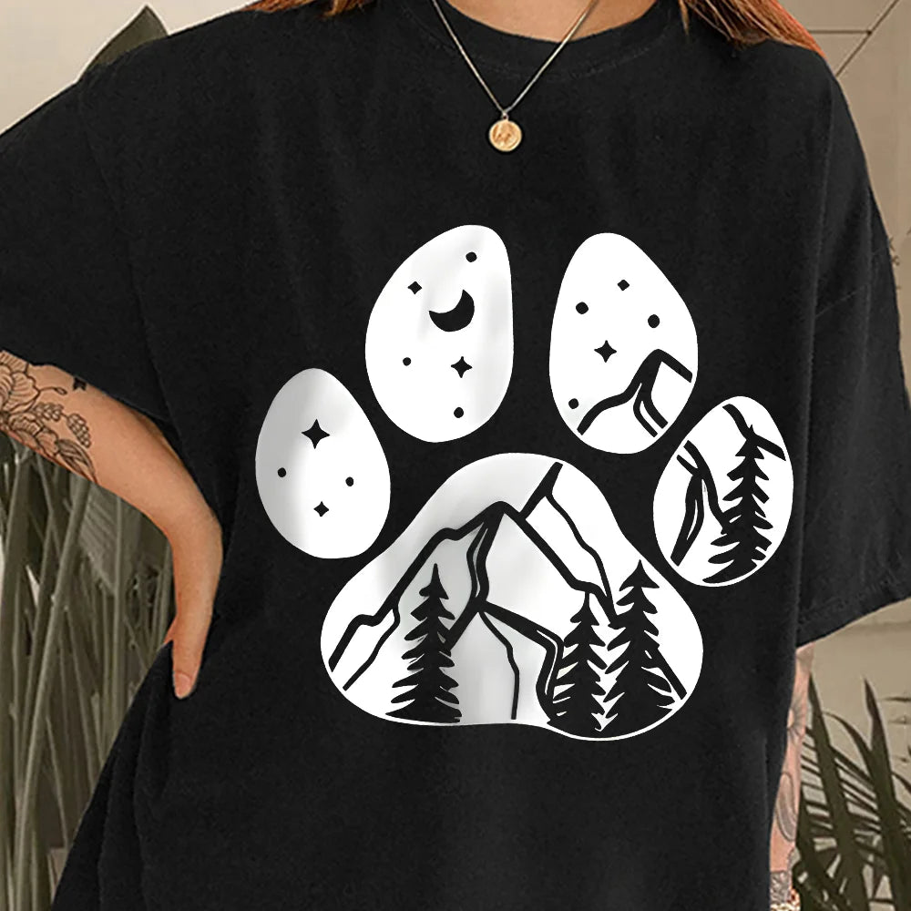 90s White Short Sleeve Y2K Harajuku Graphic Tee Women Dogs Paw Print Mom