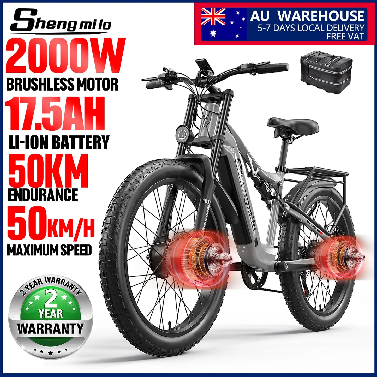 Shengmilo S600 26 Inch Electric Mountain Bike 2000W Dual Motor Fat Tire 17.5Ah