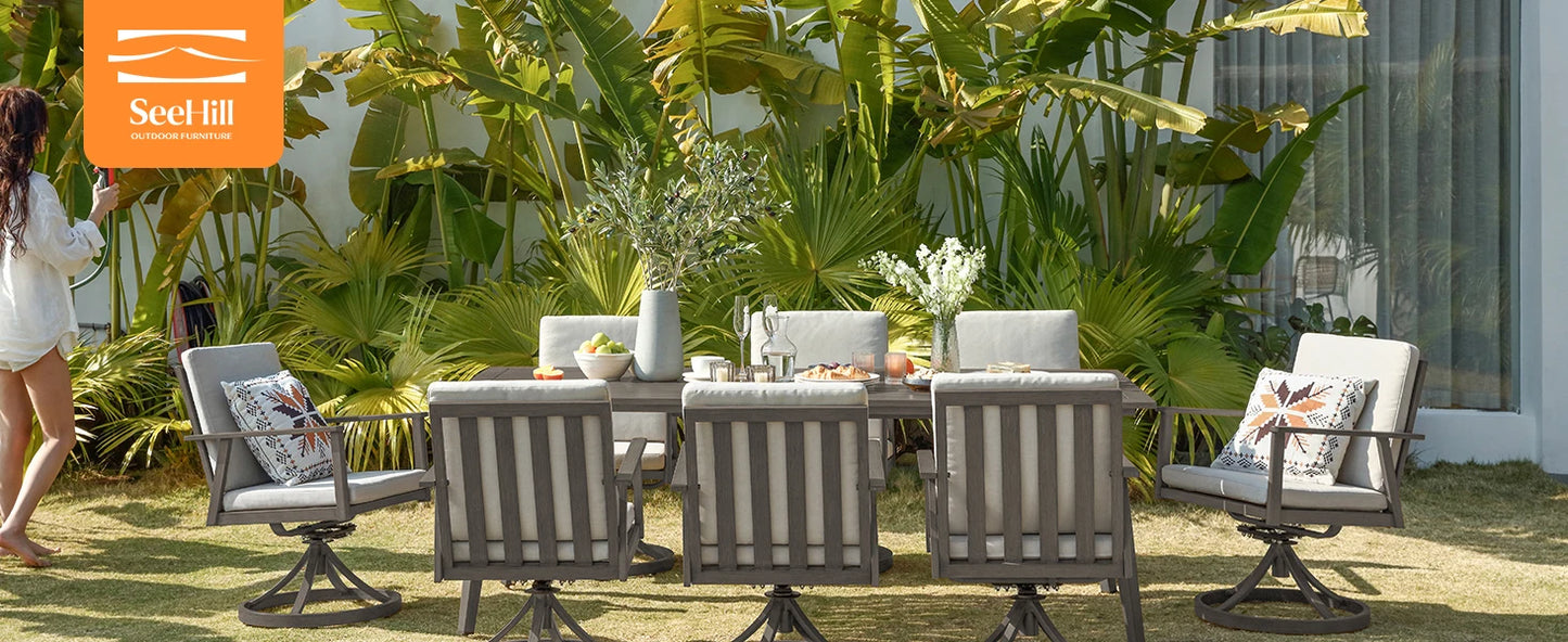 SeeHill 9 Piece Patio Swivel Dining Set With Aluminum Table And 8 Chairs