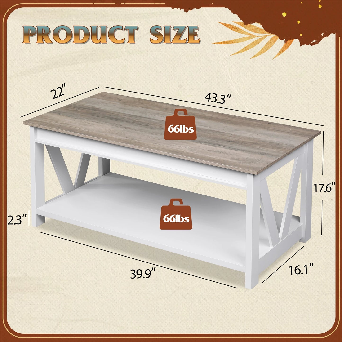 Galaxhero Farmhouse Coffee Table Storage Shelf V Shaped