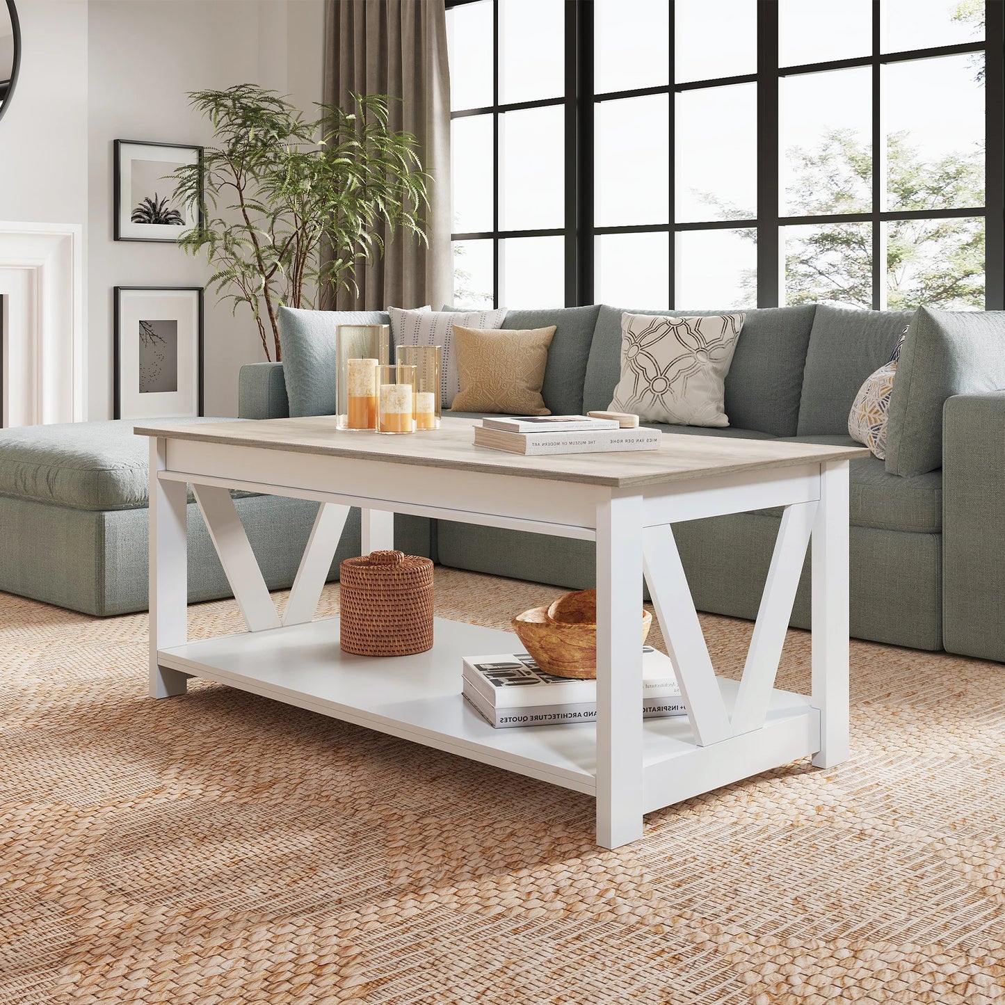 Galaxhero Farmhouse Coffee Table Storage Shelf V Shaped