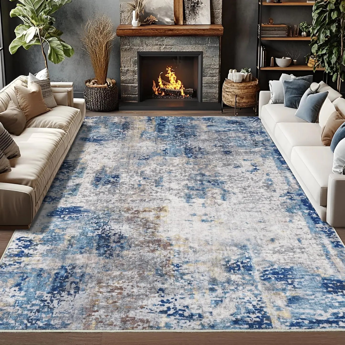 Living Room Area Rugs Soft Large Modern Abstract Boho Vintage Machine Washable Non Slip Carpet Low Pile Rug