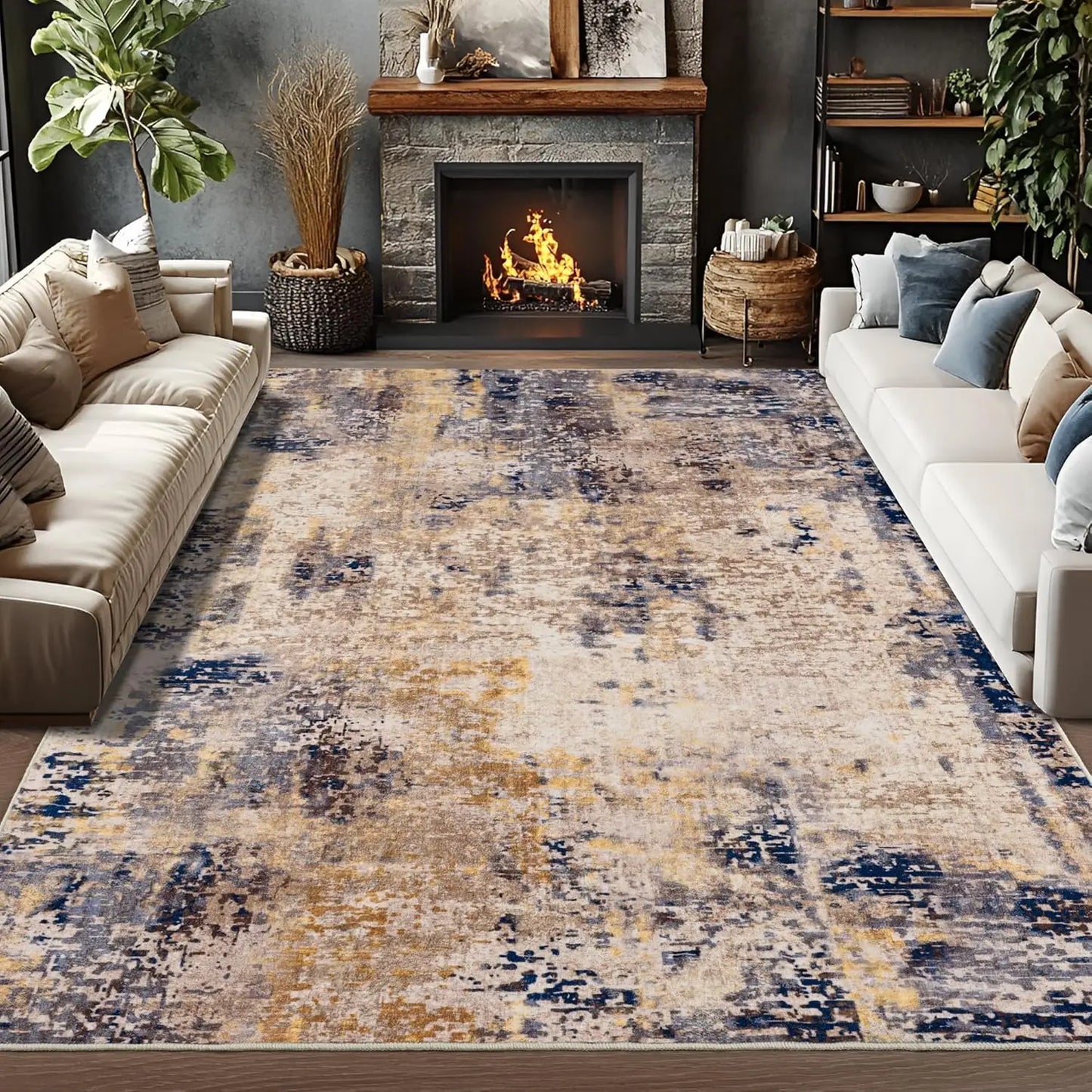 Living Room Area Rugs Soft Large Modern Abstract Boho Vintage Machine Washable Non Slip Carpet Low Pile Rug