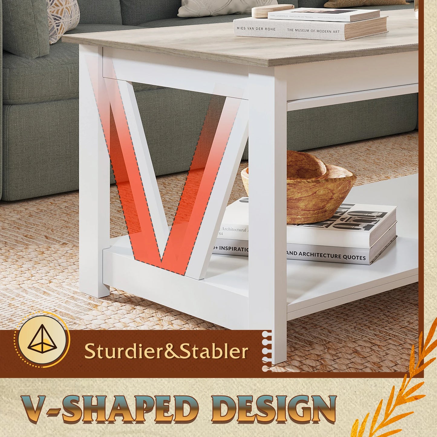 Galaxhero Farmhouse Coffee Table Storage Shelf V Shaped