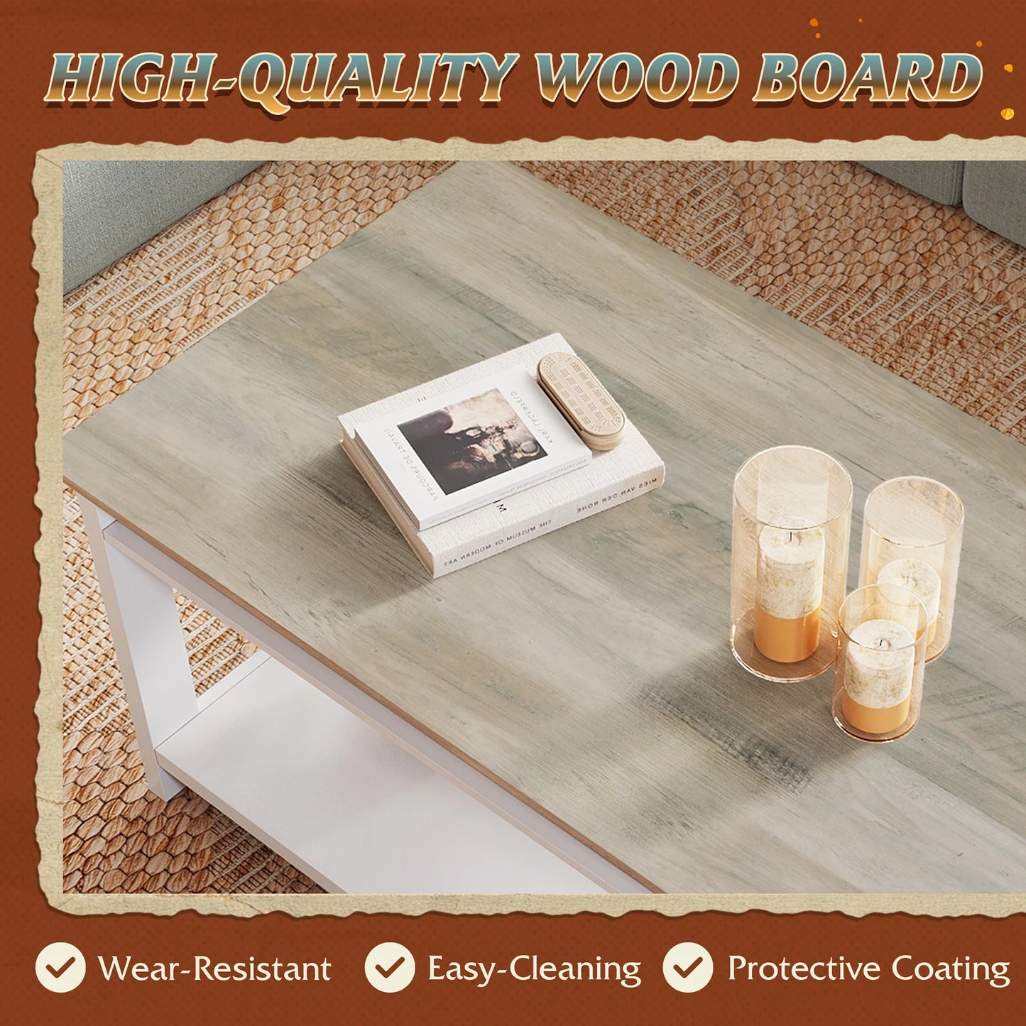 Galaxhero Farmhouse Coffee Table Storage Shelf V Shaped