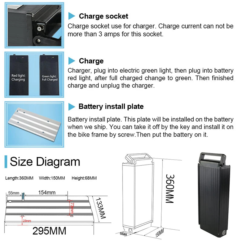 Rear Rack Battery 36V15Ah 48V15Ah 52V20Ah 24 26 28 Inches