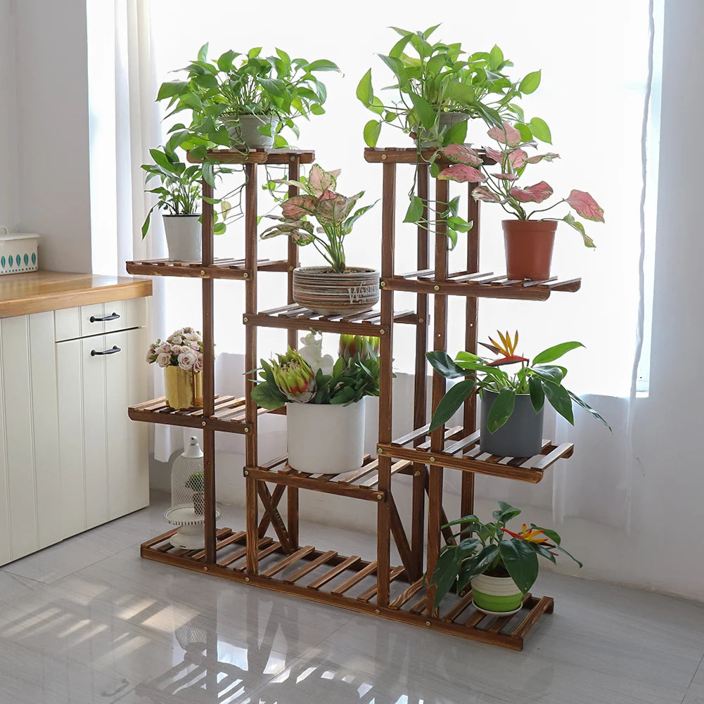 UNHO 46 Inch Multi Tier Wood Plant Stand 9 Tier 16 Pot Flower Rack Indoor Outdoor for Patio Garden