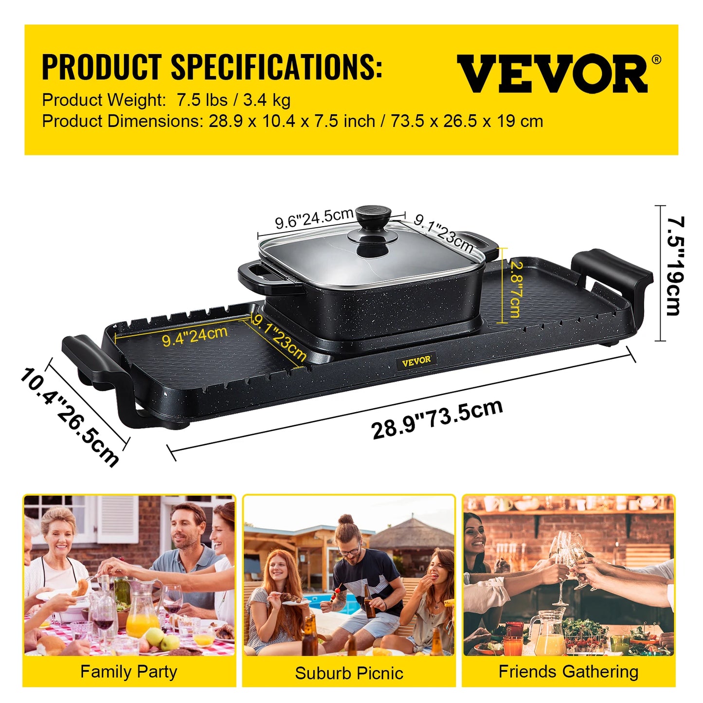 VEVOR 2 in 1 Electric BBQ Pan Grill Hot Pot 2400W Multifunction Home Portable Smokeless Nonstick Detachable Barbecue Plate