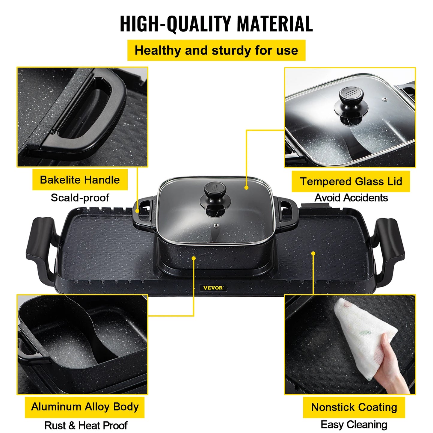 VEVOR 2 in 1 Electric BBQ Pan Grill Hot Pot 2400W Multifunction Home Portable Smokeless Nonstick Detachable Barbecue Plate