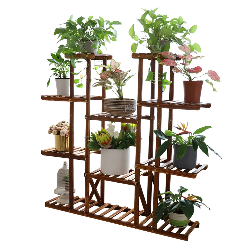 UNHO 46 Inch Multi Tier Wood Plant Stand 9 Tier 16 Pot Flower Rack Indoor Outdoor for Patio Garden