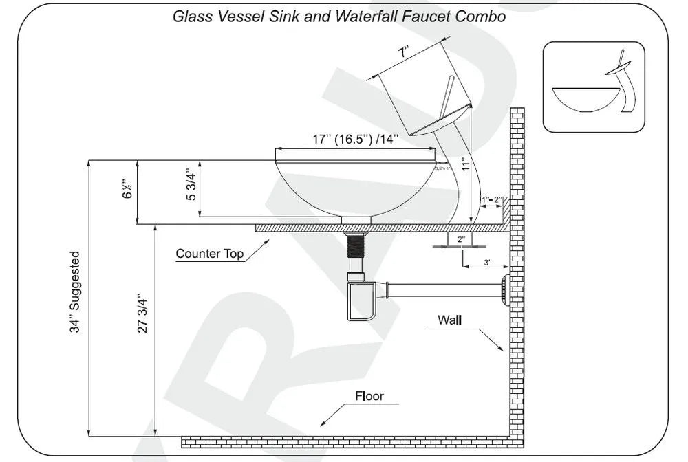 ZAPPO Marbling Rectangle Vessel Sink With Faucet Drain