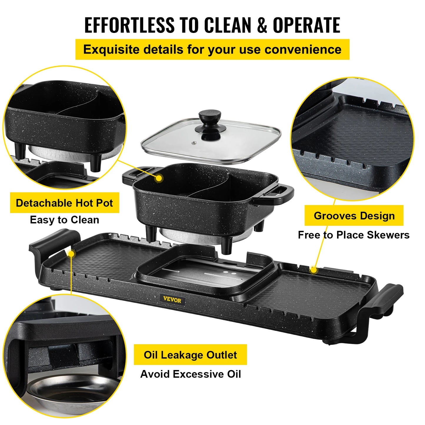 VEVOR 2 in 1 Electric BBQ Pan Grill Hot Pot 2400W Multifunction Home Portable Smokeless Nonstick Detachable Barbecue Plate