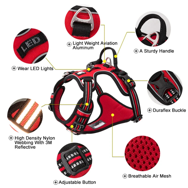 Truelove Reflective Nylon Dog Harness No Pull Adjustable Vest for Medium Large Dogs with Safety Lead for Walking and Running