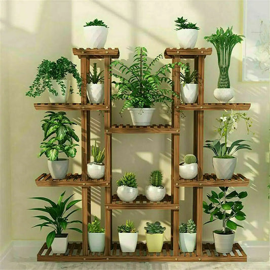 UNHO 46 Inch Multi Tier Wood Plant Stand 9 Tier 16 Pot Flower Rack Indoor Outdoor for Patio Garden