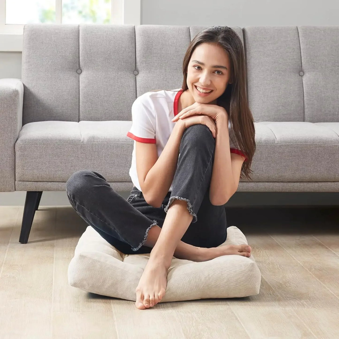 Floor Pillow Set of 2 Square Large Pillows for Adults Tufted Corduroy Cushion for Outdoor Balcony and Living Room