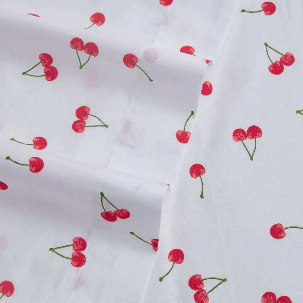 Cherries Cotton Percale Full Sheet Set Lightweight Breathable Fitted Flat Pillowcases Durable Elasticized Comfortable Bedding