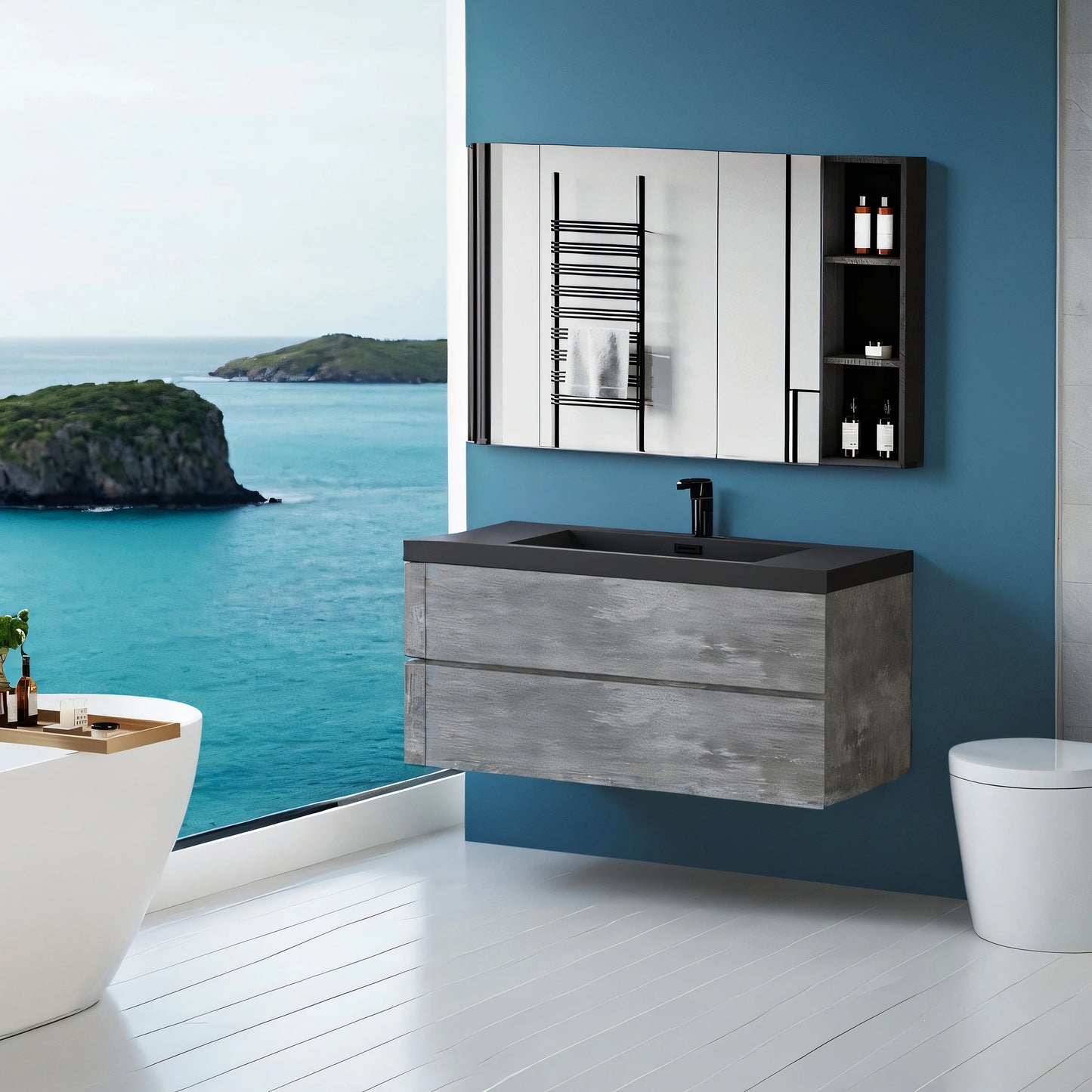 48 Inch Floating Bathroom Vanity With Sink Black Quartz Top