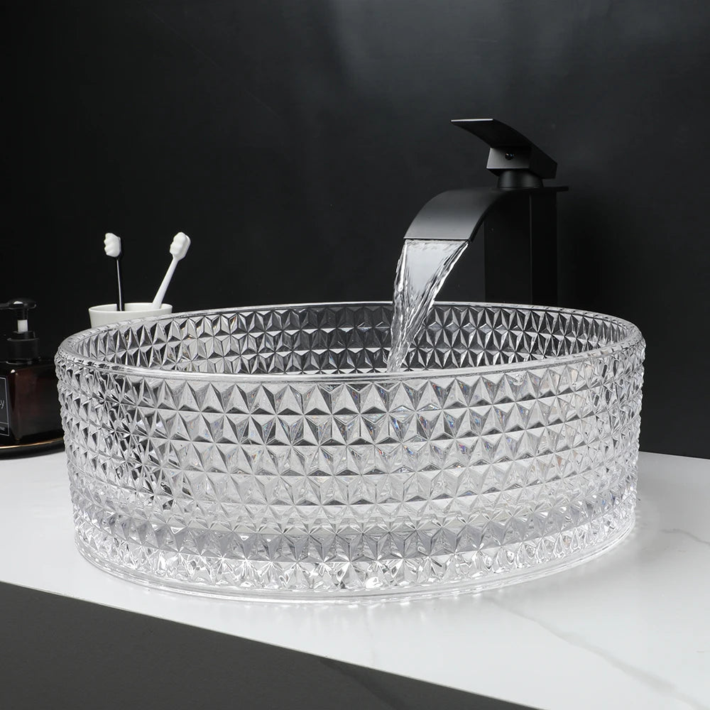 ZAPPO Black Glass Vessel Sink With Deck Mount Faucet
