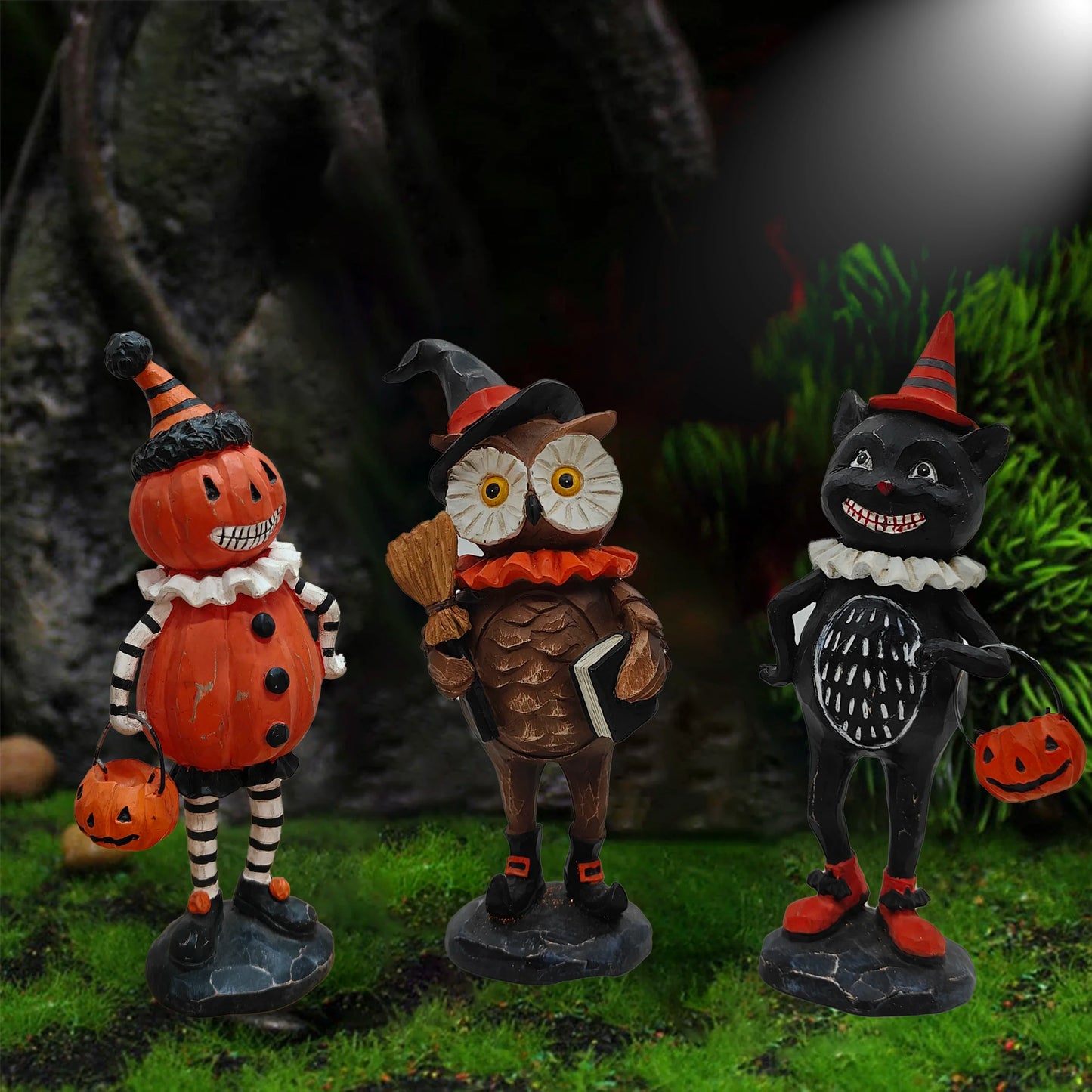 Halloween Resin Pumpkin Puppet Owl And Black Cat Statue