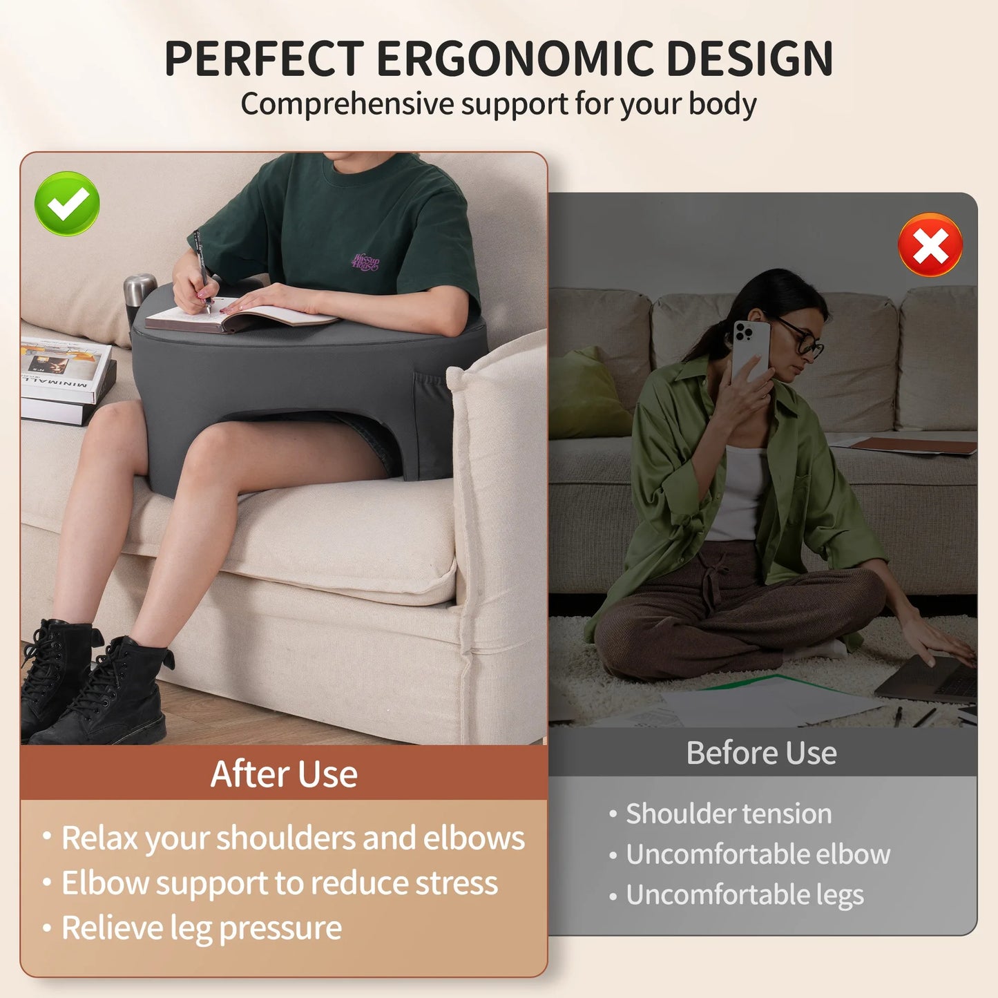 Gaming Reading Pillow Ergonomic Soft Memory Foam Three Legs Bed Arm Rest Pillow for Couch Car Floor Grey