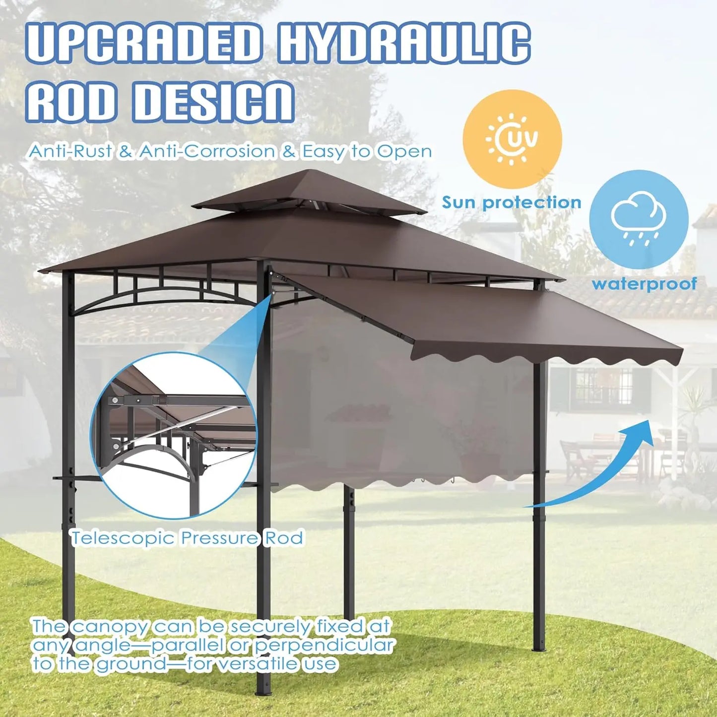 8x8x5 Ft BBQ Gazebo Double Tier Patio Canopy Tent With Side Awning Shelves