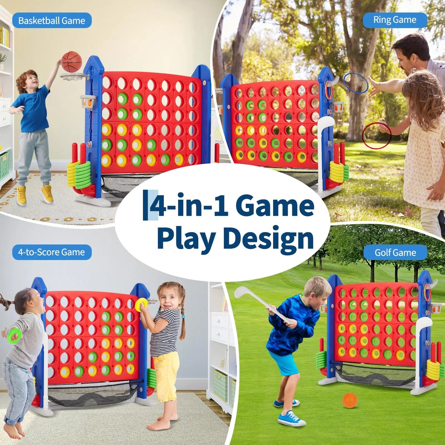 Giant 4 In 1 Yard Game Set With Adjustable Height And Hoop Ring Toss