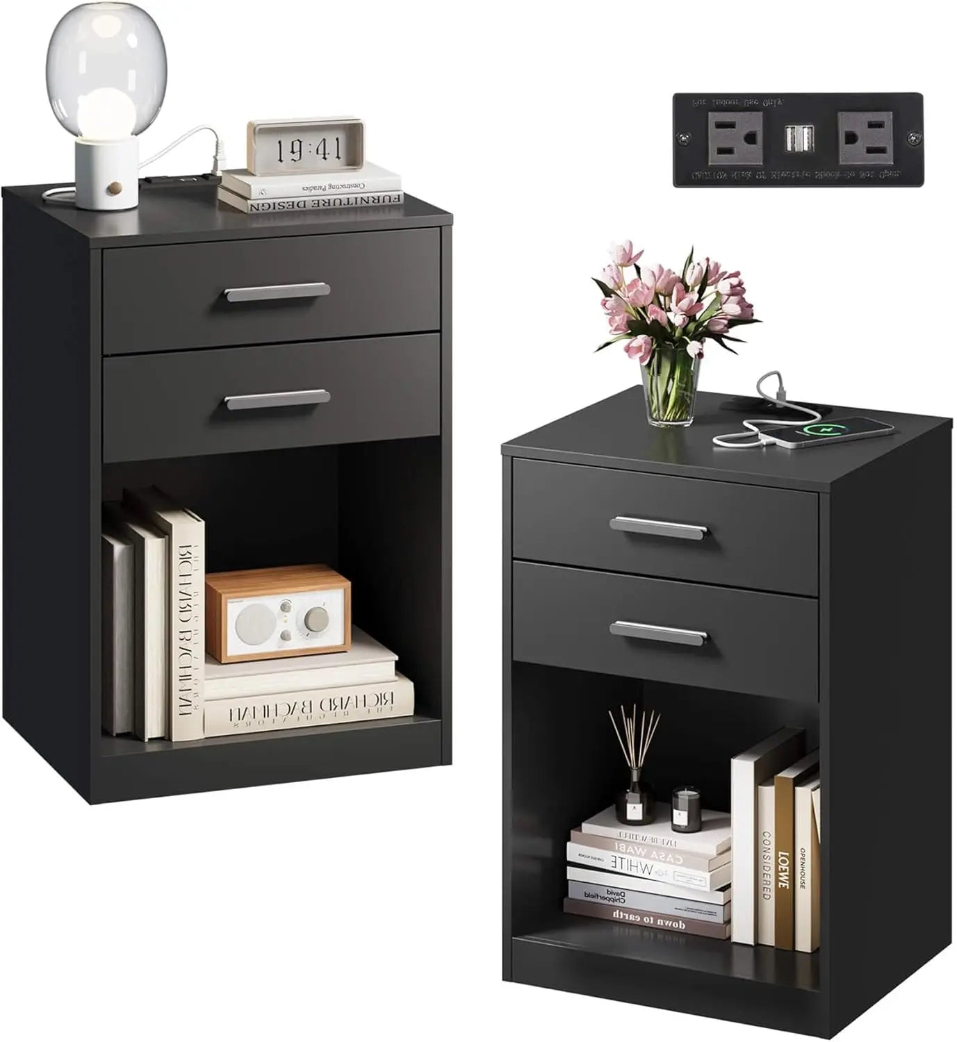 Nightstand Set Of 2 With Charging Station Two Drawers