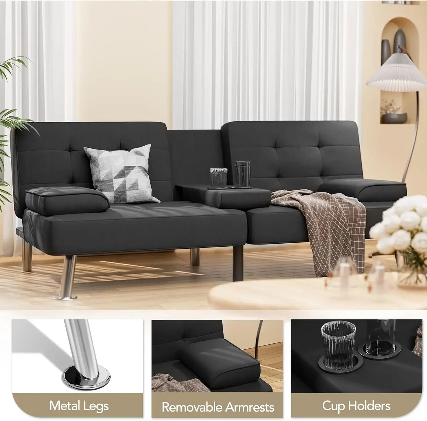 Modern Linen Upholstered Convertible Futon Sofa Cup Holders
