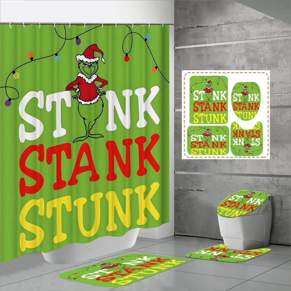 Christmas Snowman Shower Curtain Set With Green Bath Mat