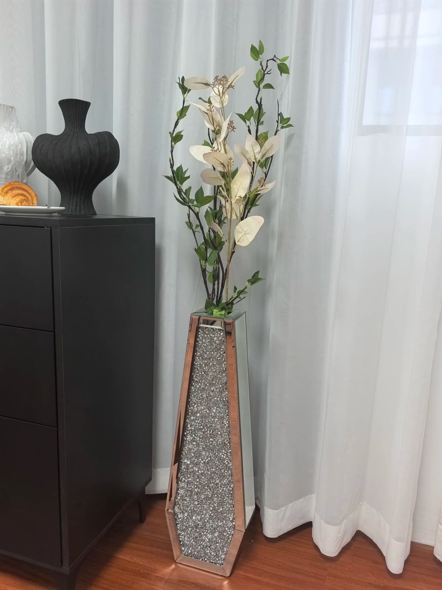 2 Shapes 68CM Crushed Diamond Decorative Mirrored Floor Vase Crystal Silver Glass Flower Vase for Pampas Grass and Artificial Flowers