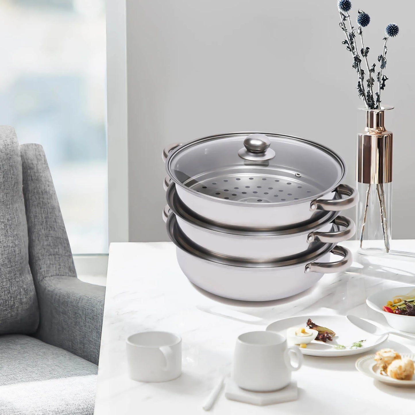 11 Inch 3 Tier Large Stainless Steel Steamer Pot Set with Glass Lid