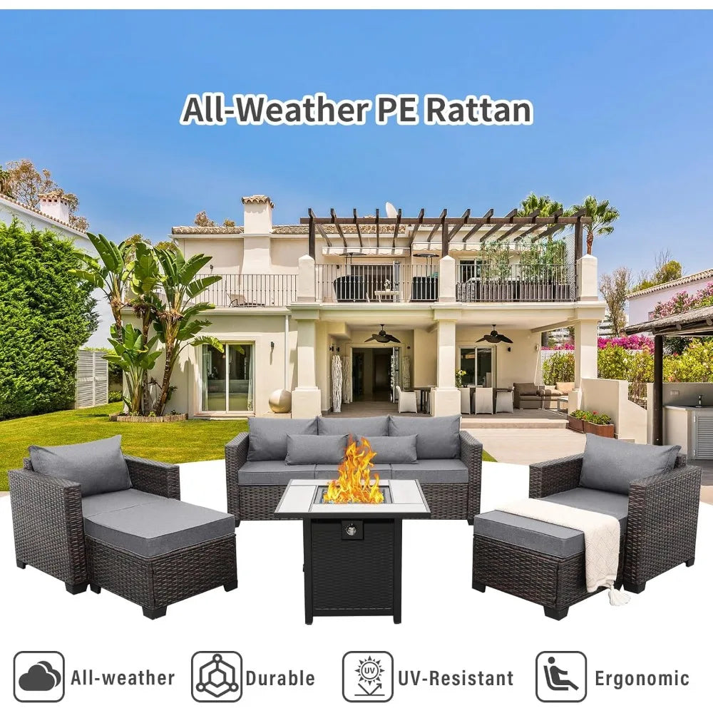Six Piece Outdoor Patio Furniture Set With Modular Rattan Sofa And Fire Table