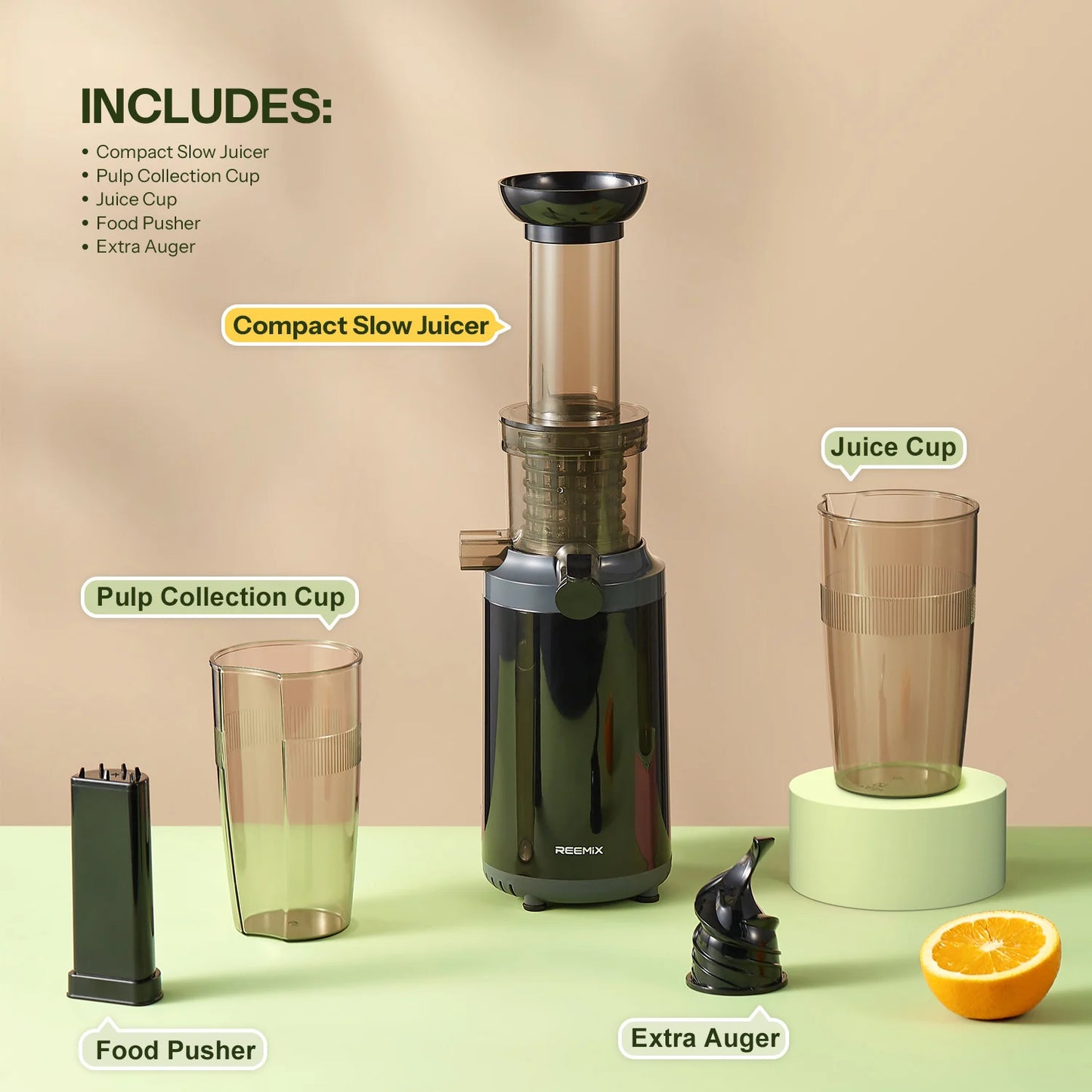 Reemix Masticating Juicer Machine Cold Press Compact Size Juice Extractor Nutrient Retention