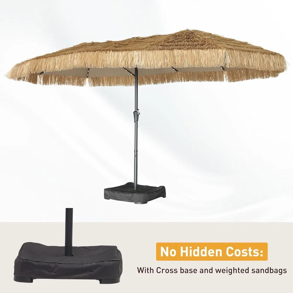 15Ft Tiki Patio Umbrella With 48 LED Lights And Heavy Duty Cross Base 12 Ribs