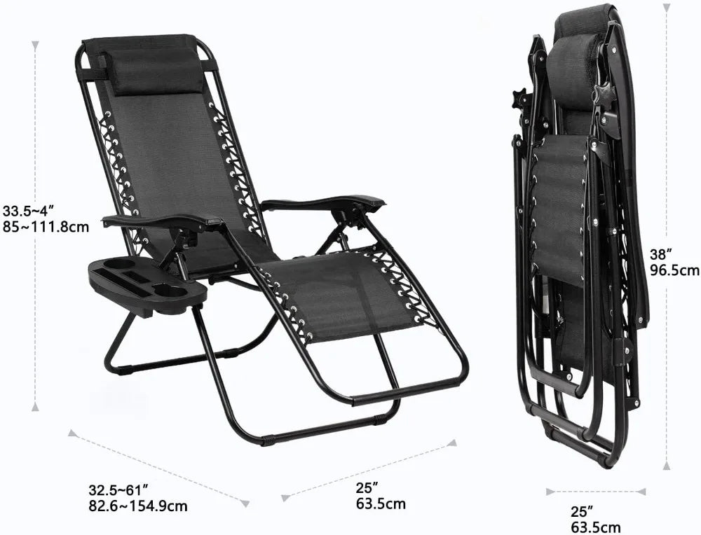 Set of 2 Adjustable Zero Gravity Lounge Chairs with Cup Holder and Pillow