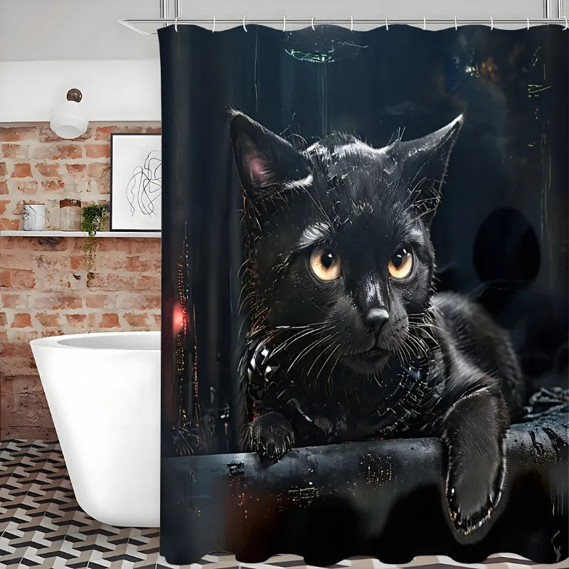 Cute Cat Shower Curtain Waterproof With 12 Hooks Bath Decor