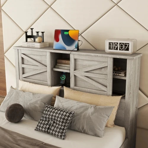 3 Piece Farmhouse Bedroom Set Queen Platform Bed Headboard Storage And Charging