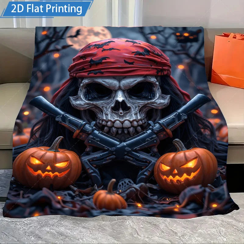 Halloween Skull Pumpkin Flannel Blanket Spooky Gothic Throw
