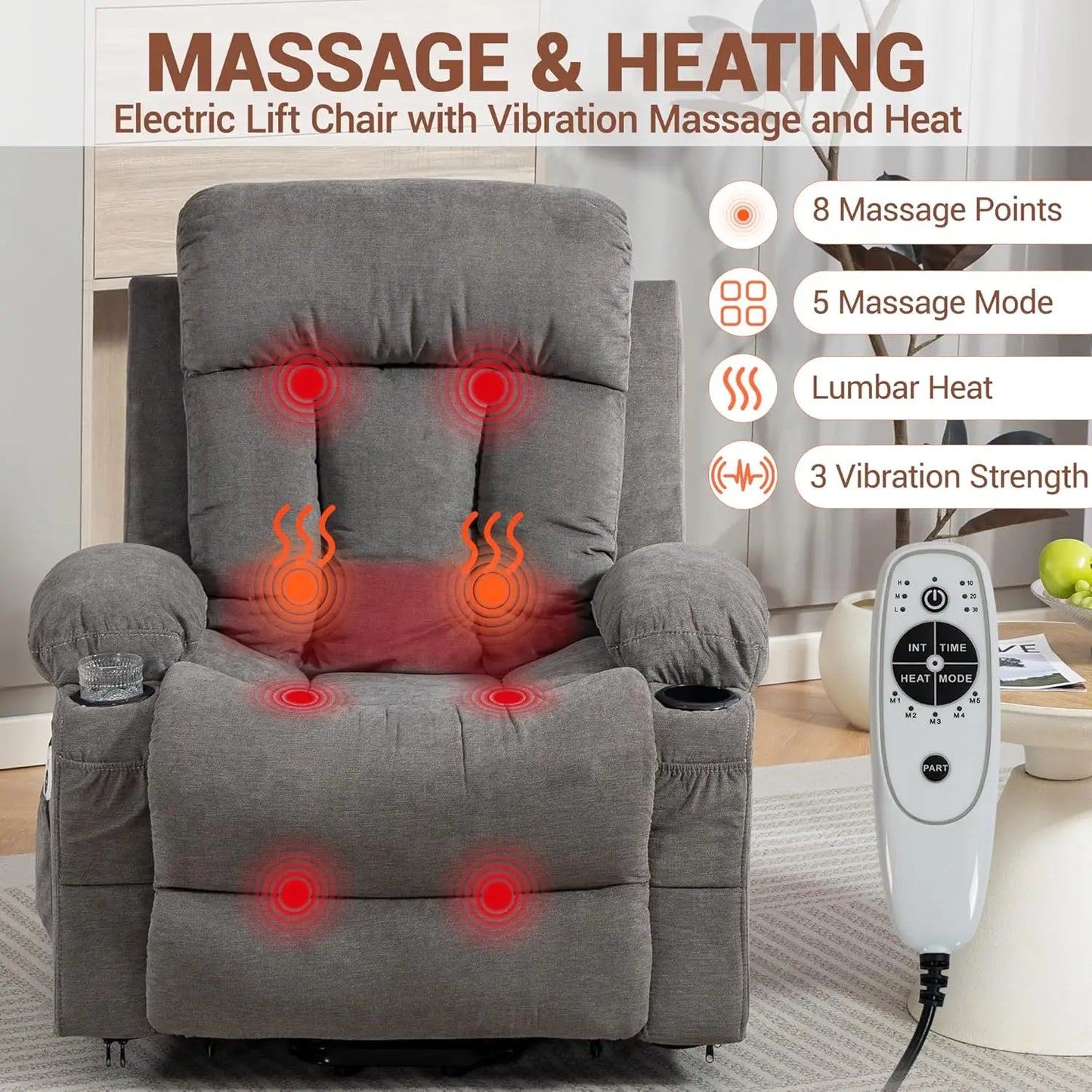 Power Lift Massage Recliner Chair With Lumbar Heat And Vibration For Elderly