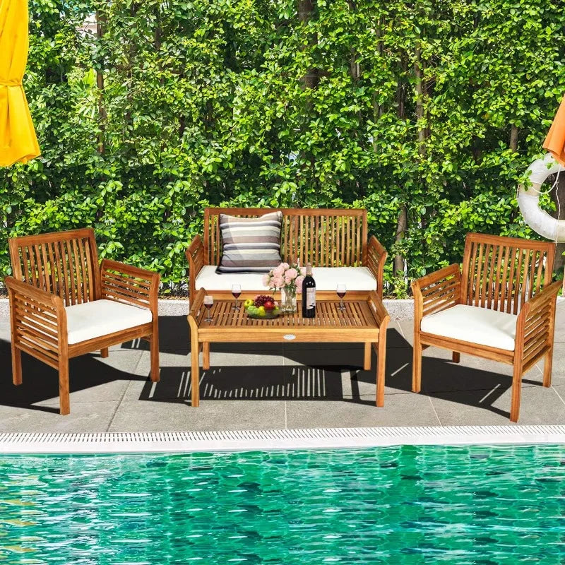4 Piece Outdoor Acacia Wood Sofa Set With Water Resistant Cushions And Table