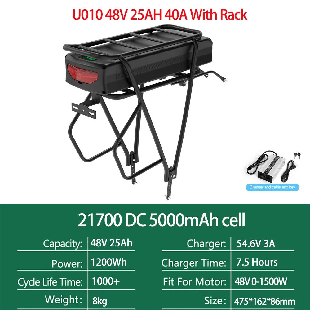 48V Rear Rack Ebike Battery 21700 Lithium Pack Luggage Rack